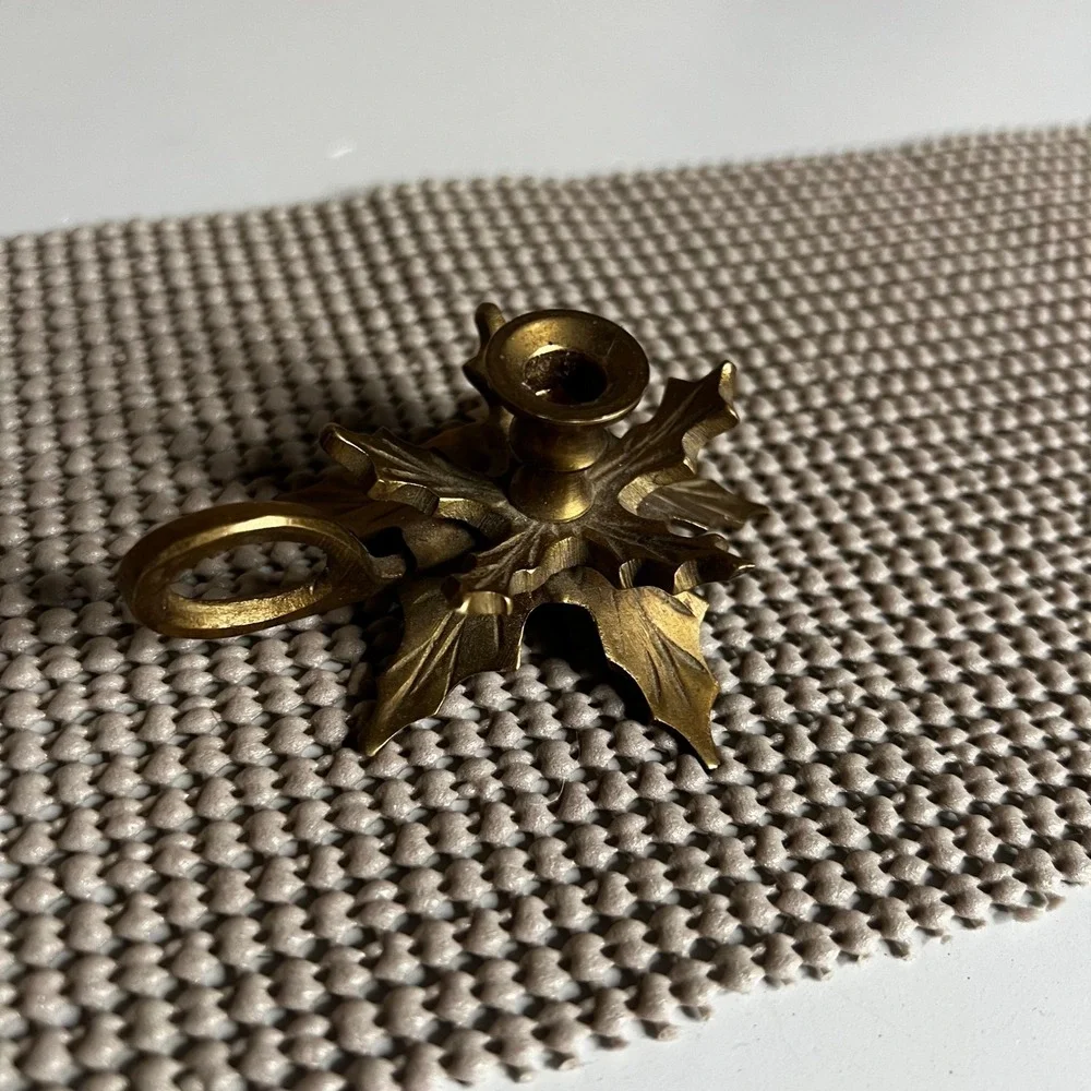 Vintage Brass Holly Leaf Taper Candle Holder Finger Loop Christmas Decor India